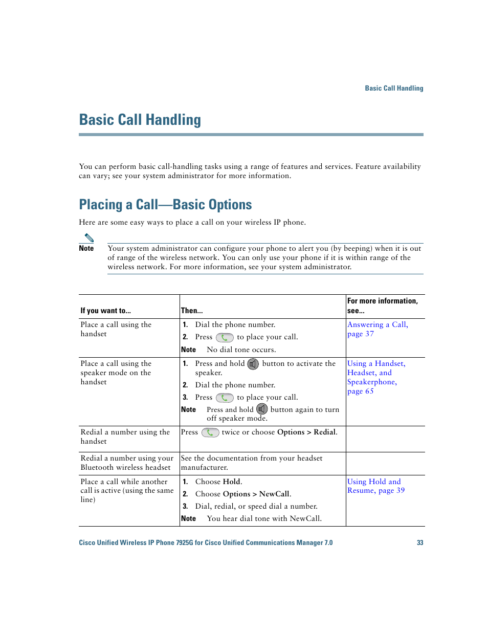 Basic call handling, Placing a call-basic options, Placing a call—basic options | Cisco Cisco Unified Wireless IP Phone 7925G User Manual | Page 41 / 126