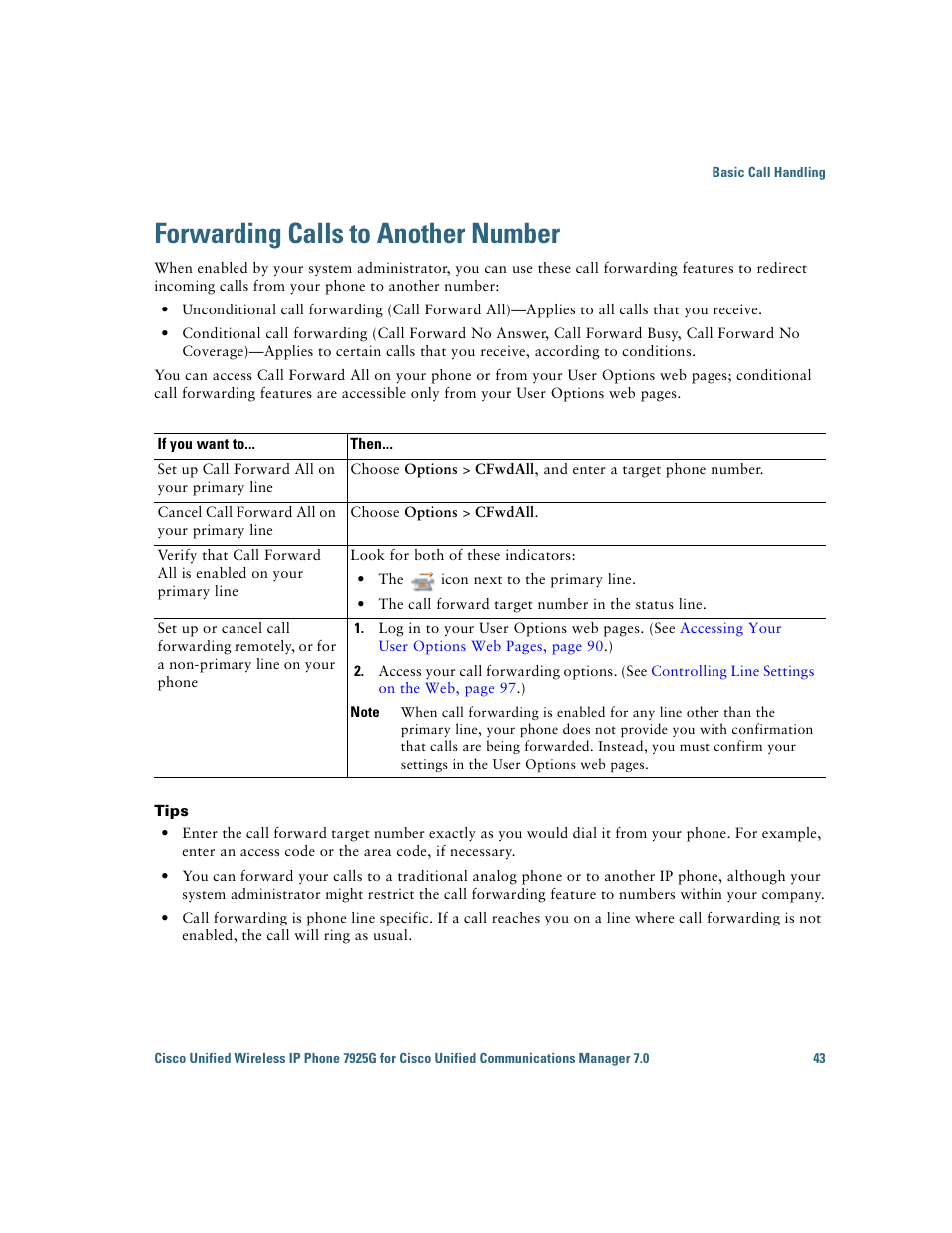 Forwarding calls to another number, Forwarding calls | Cisco Cisco Unified Wireless IP Phone 7925G User Manual | Page 51 / 126