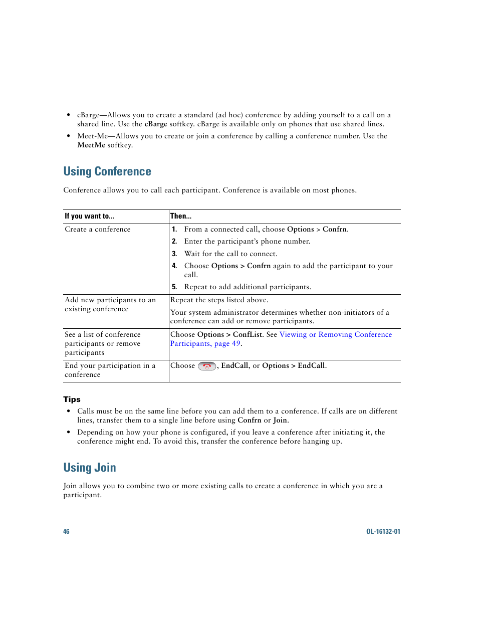 Using conference, Using join | Cisco Cisco Unified Wireless IP Phone 7925G User Manual | Page 54 / 126