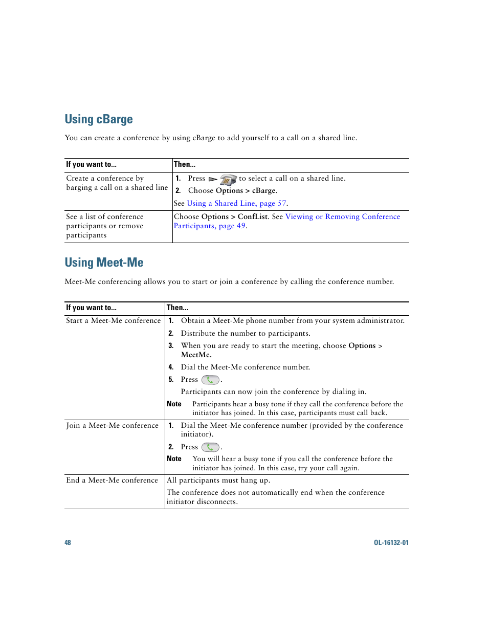 Using cbarge, Using meet-me | Cisco Cisco Unified Wireless IP Phone 7925G User Manual | Page 56 / 126