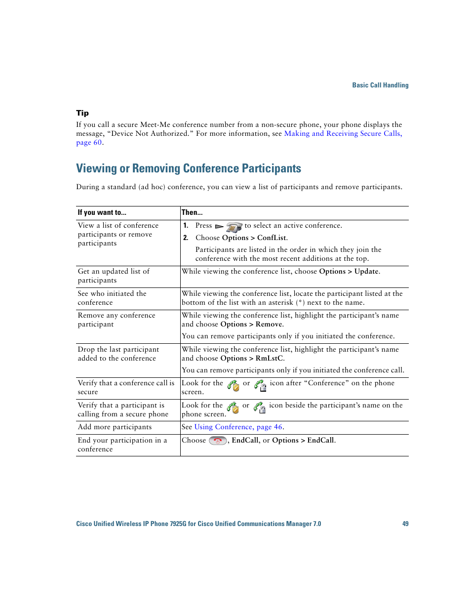 Viewing or removing conference participants, Viewing or removing conference | Cisco Cisco Unified Wireless IP Phone 7925G User Manual | Page 57 / 126