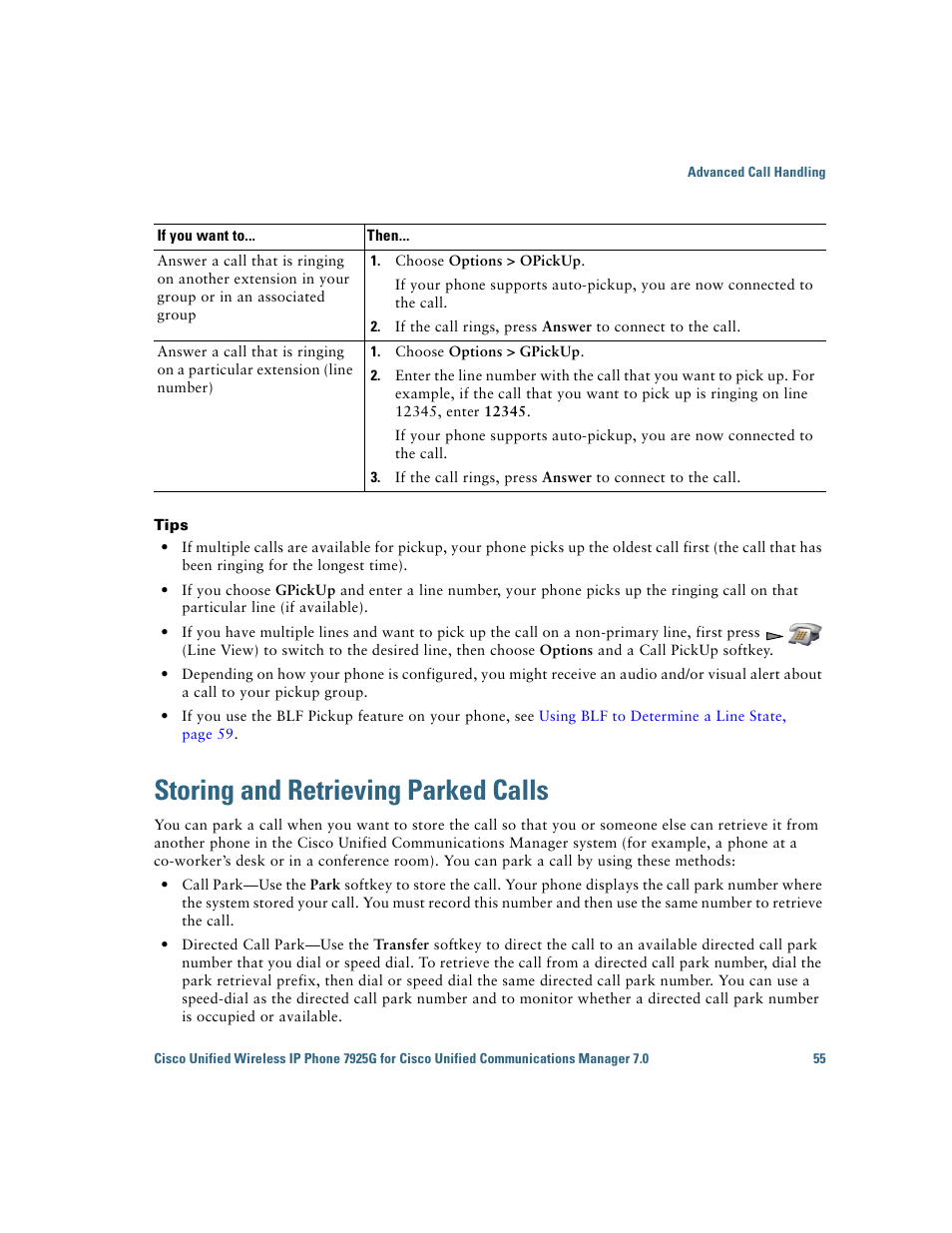 Storing and retrieving parked calls | Cisco Cisco Unified Wireless IP Phone 7925G User Manual | Page 63 / 126