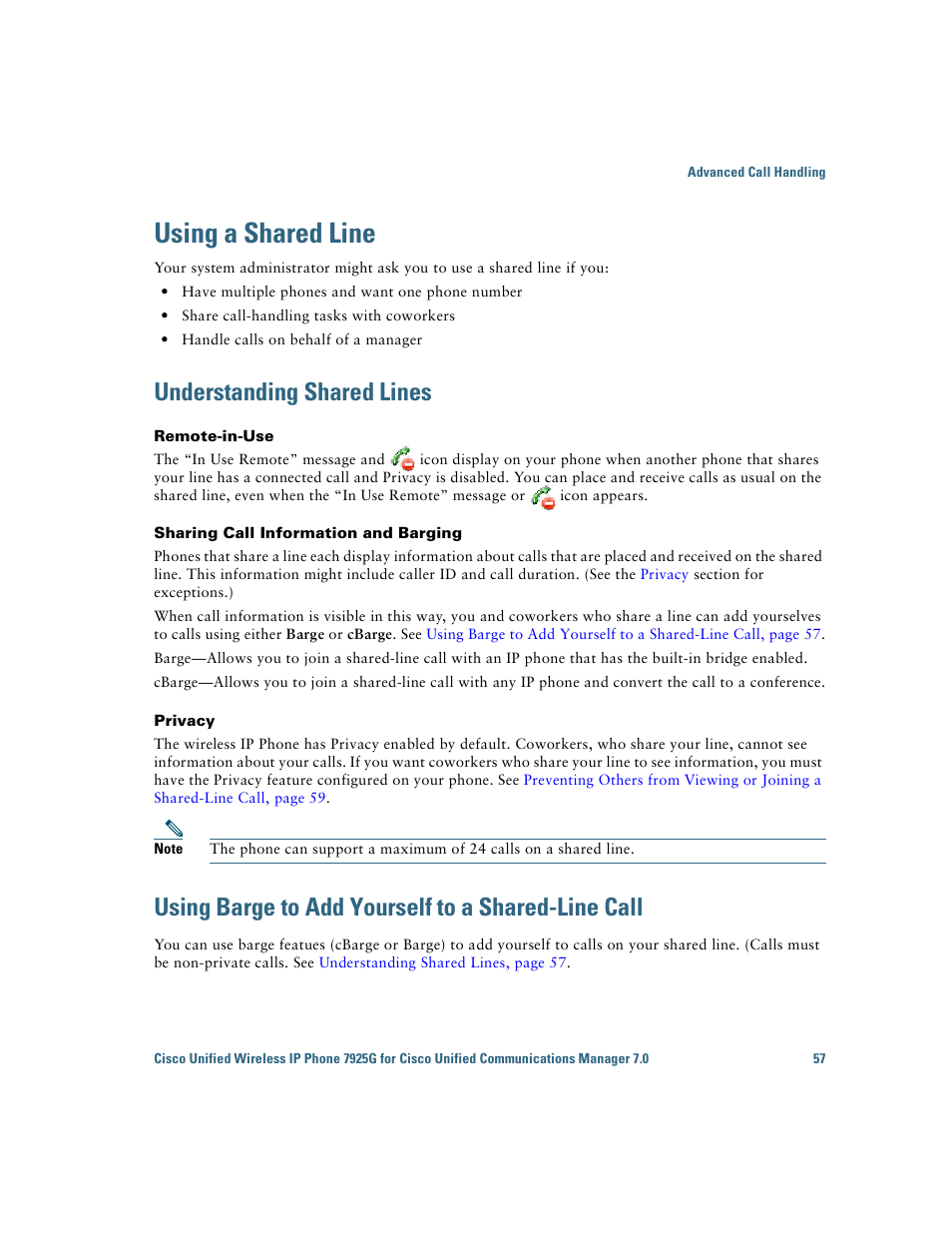 Using a shared line, Understanding shared lines, Using barge to add yourself to a shared-line call | Cisco Cisco Unified Wireless IP Phone 7925G User Manual | Page 65 / 126