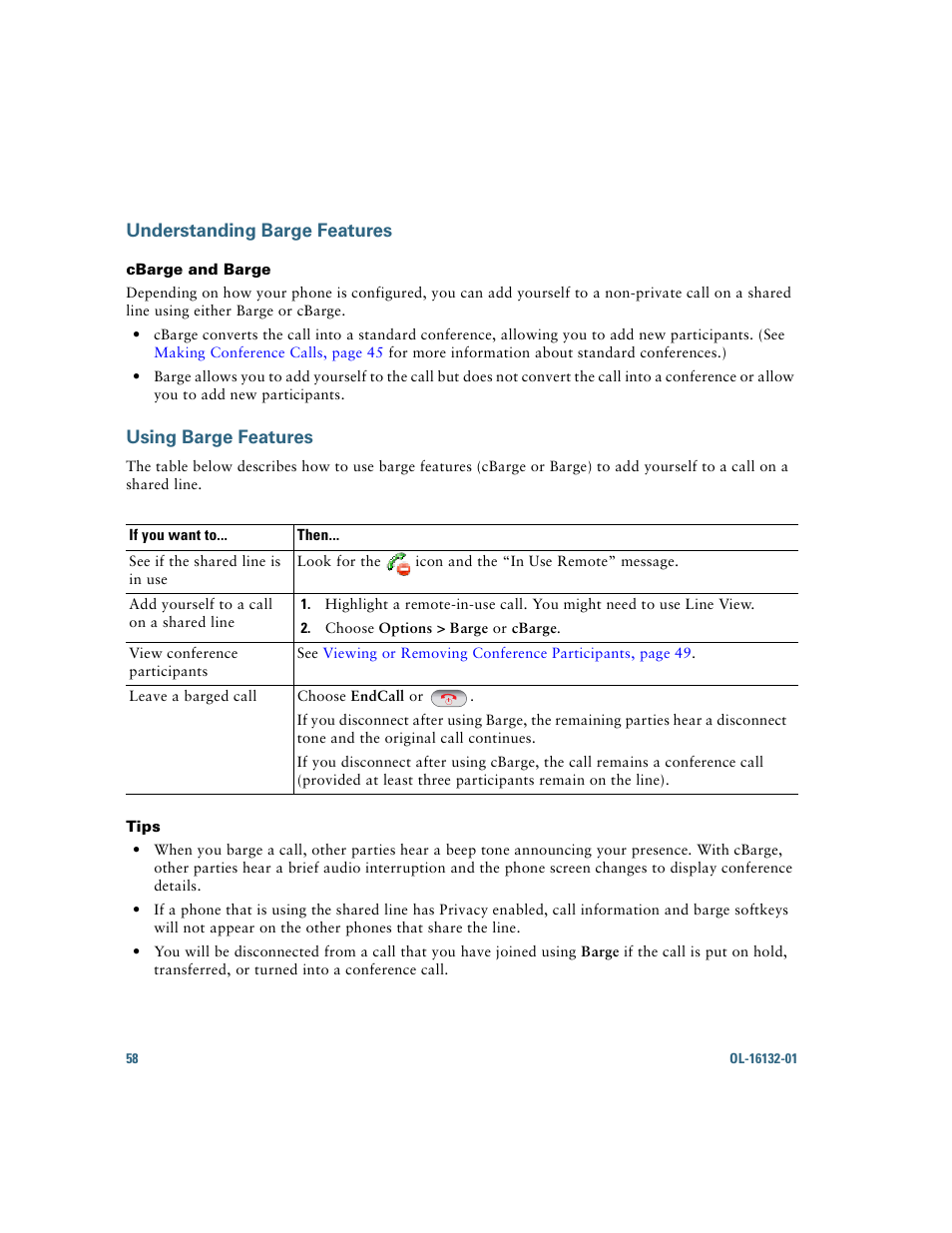 Understanding barge features, Using barge features | Cisco Cisco Unified Wireless IP Phone 7925G User Manual | Page 66 / 126