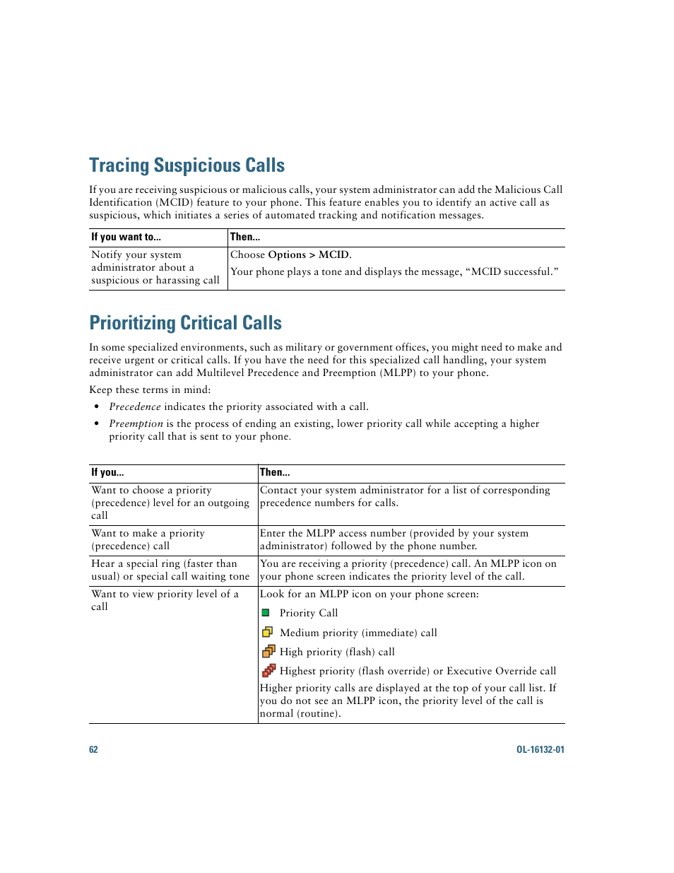 Tracing suspicious calls, Prioritizing critical calls | Cisco Cisco Unified Wireless IP Phone 7925G User Manual | Page 70 / 126