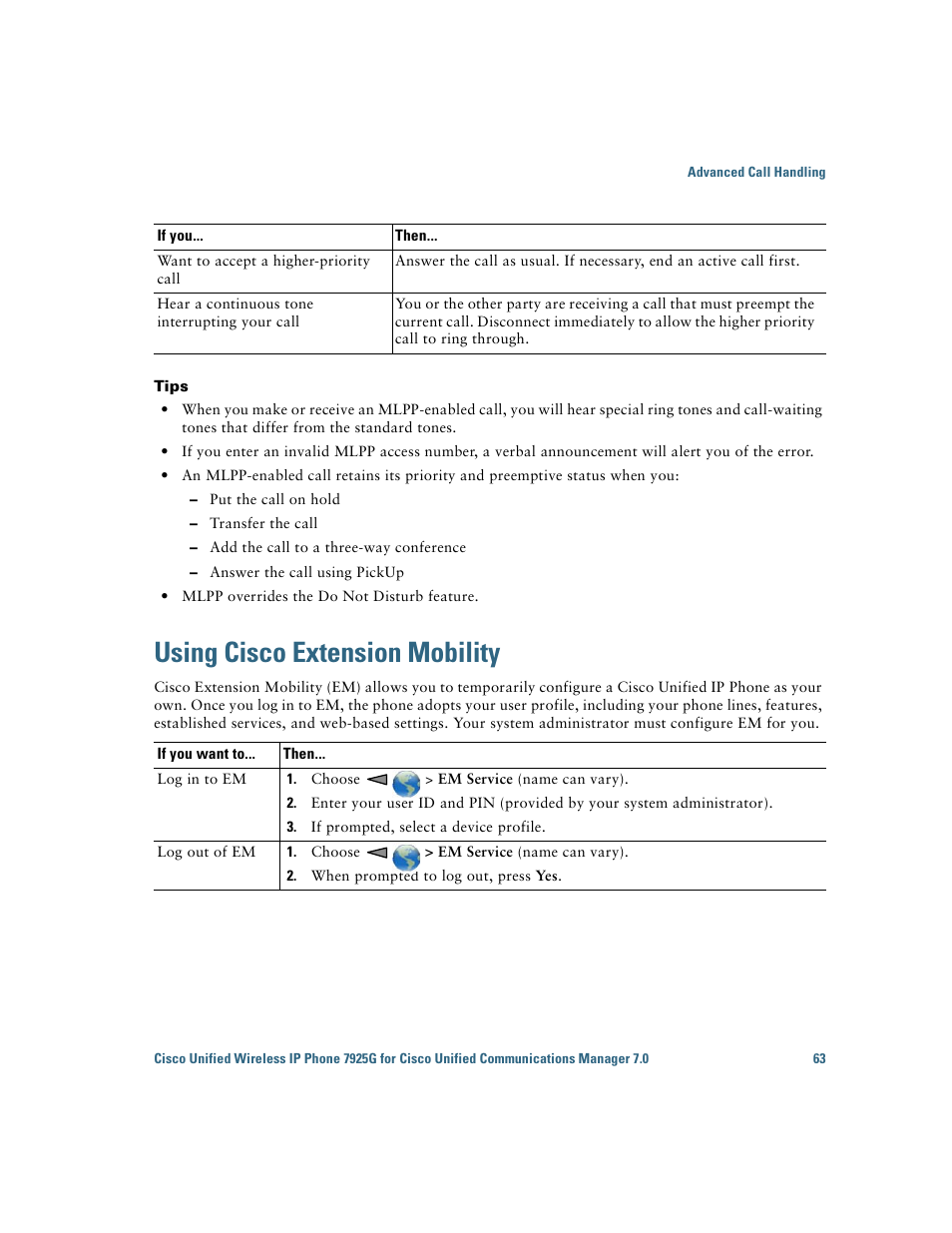 Using cisco extension mobility | Cisco Cisco Unified Wireless IP Phone 7925G User Manual | Page 71 / 126
