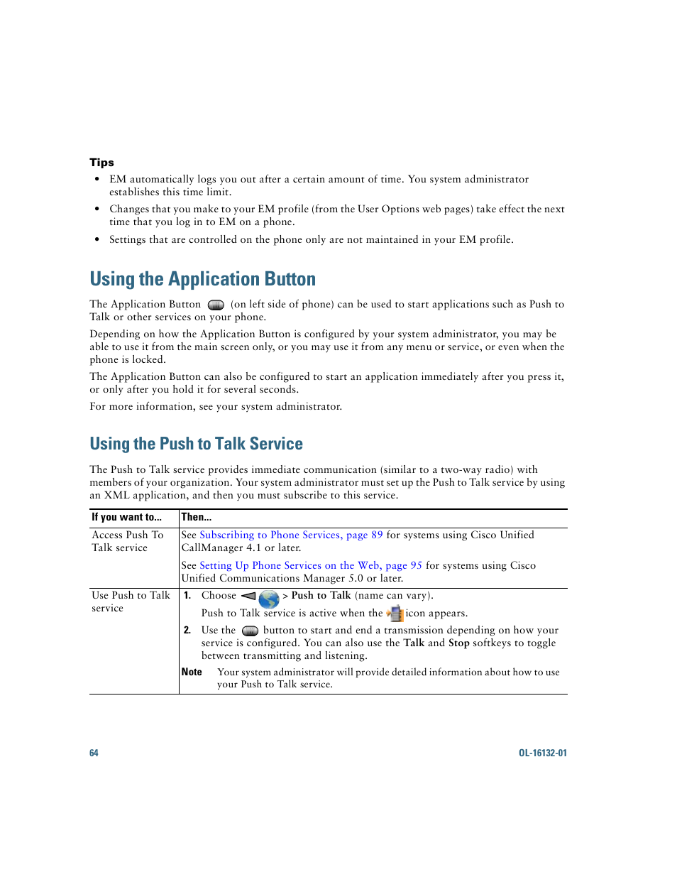 Using the application button, Using the push to talk service | Cisco Cisco Unified Wireless IP Phone 7925G User Manual | Page 72 / 126