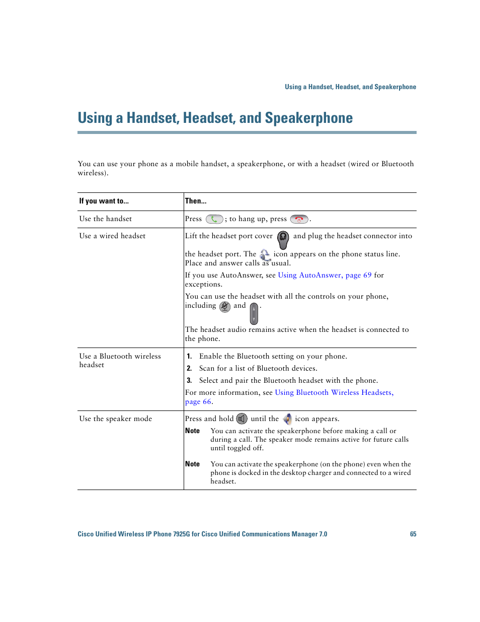 Using a handset, headset, and speakerphone, Using a handset, headset | Cisco Cisco Unified Wireless IP Phone 7925G User Manual | Page 73 / 126