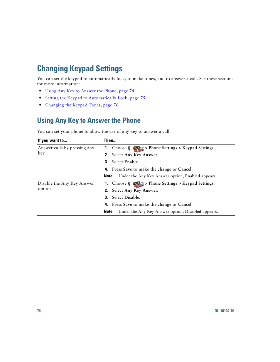 Changing keypad settings, Using any key to answer the phone | Cisco Cisco Unified Wireless IP Phone 7925G User Manual | Page 82 / 126