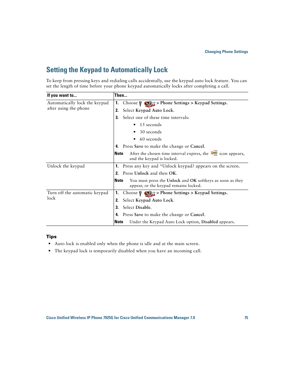 Setting the keypad to automatically lock | Cisco Cisco Unified Wireless IP Phone 7925G User Manual | Page 83 / 126