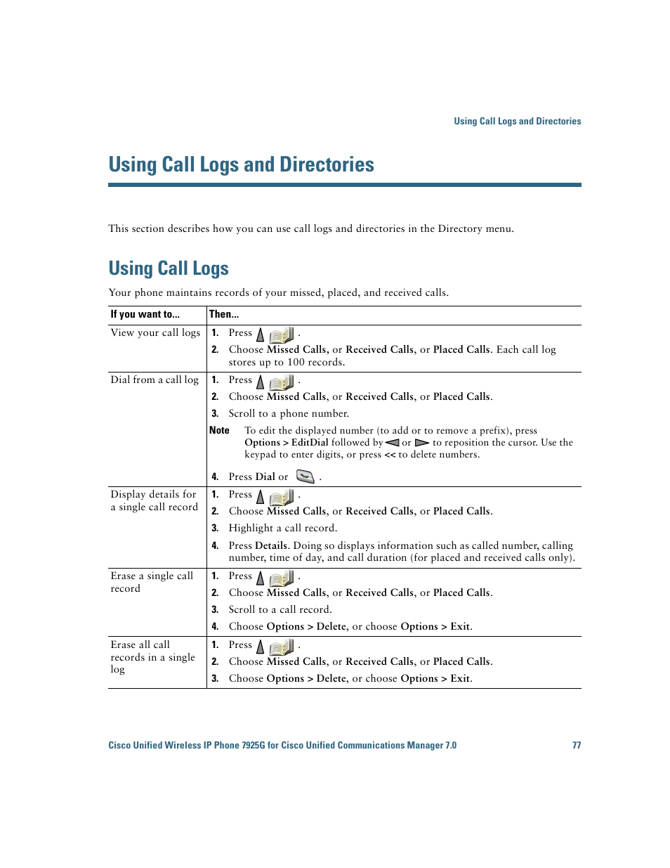 Using call logs and directories, Using call logs | Cisco Cisco Unified Wireless IP Phone 7925G User Manual | Page 85 / 126