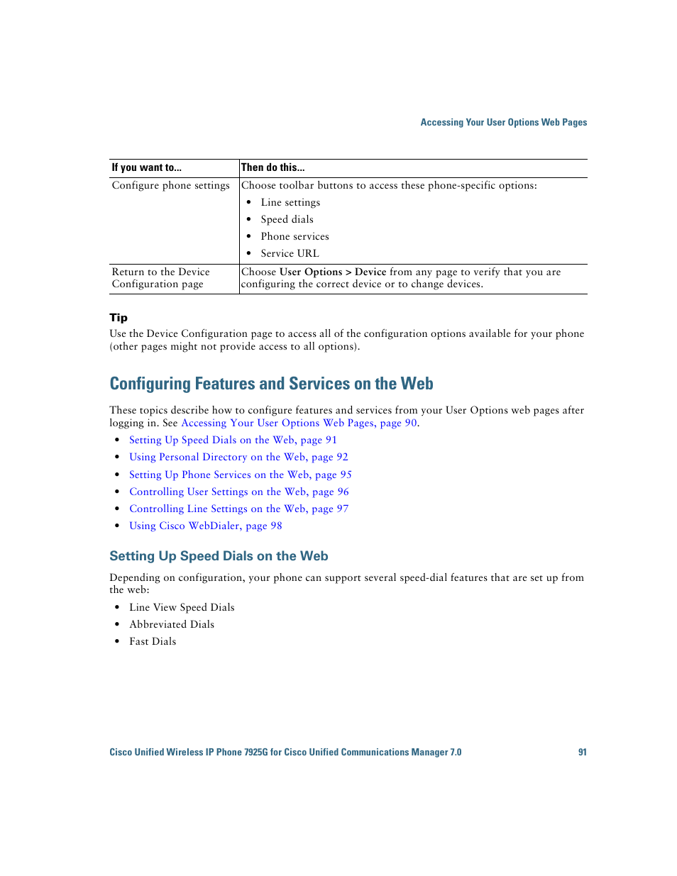 Configuring features and services on the web, Setting up speed dials on the web, Setting up speed dials on the | Cisco Cisco Unified Wireless IP Phone 7925G User Manual | Page 99 / 126