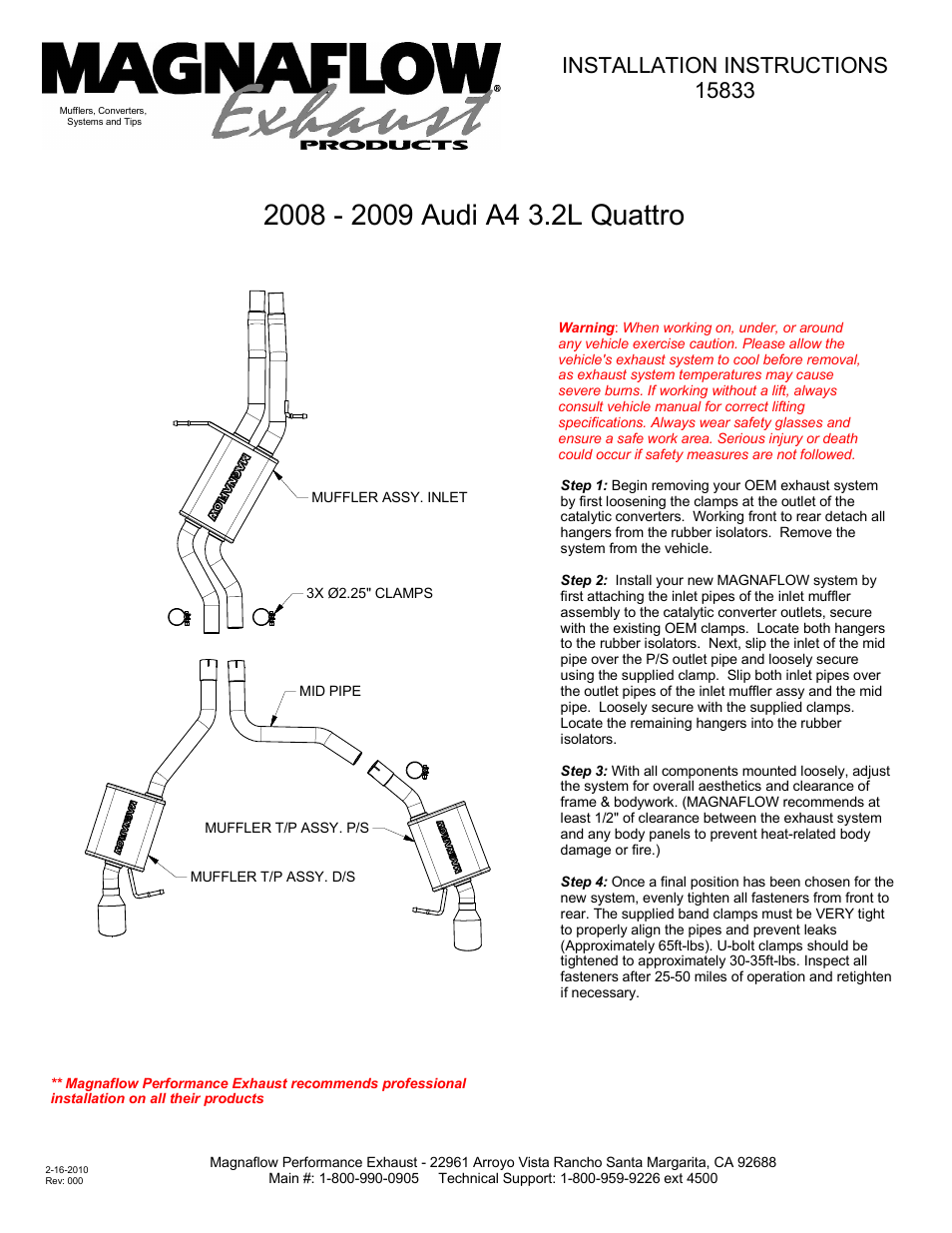 MagnaFlow AUDI A4 QUATTRO Stainless Cat-Back System PERFORMANCE EXHAUST User Manual | 1 page