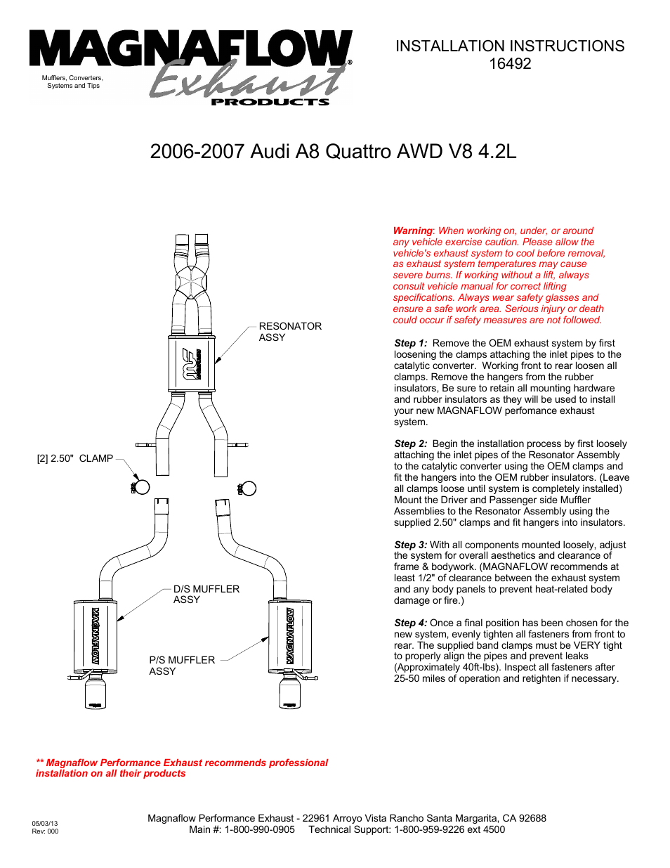 MagnaFlow AUDI A8 QUATTRO Stainless Cat-Back System PERFORMANCE EXHAUST User Manual | 1 page