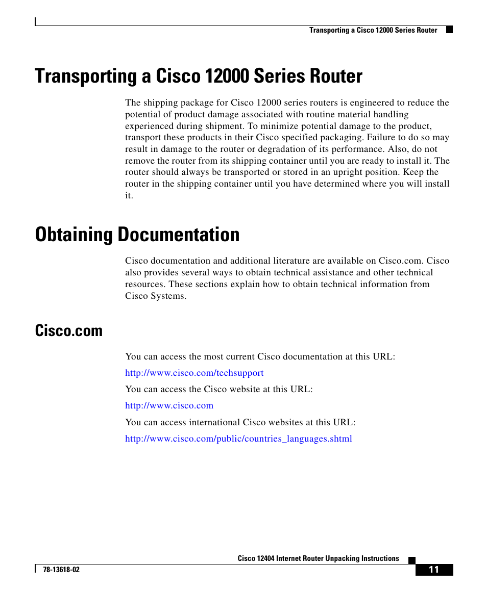 Transporting a cisco 12000 series router, Obtaining documentation, Cisco.com | Cisco 12404 User Manual | Page 11 / 18