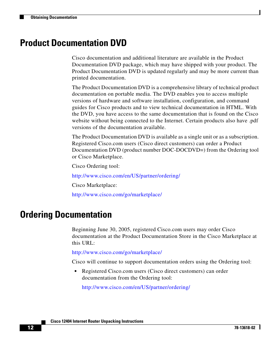 Product documentation dvd, Ordering documentation | Cisco 12404 User Manual | Page 12 / 18