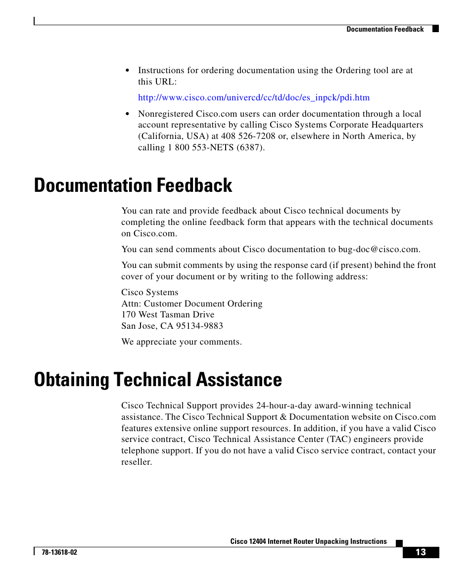 Documentation feedback, Obtaining technical assistance | Cisco 12404 User Manual | Page 13 / 18