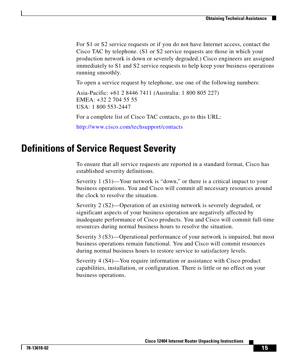 Definitions of service request severity | Cisco 12404 User Manual | Page 15 / 18