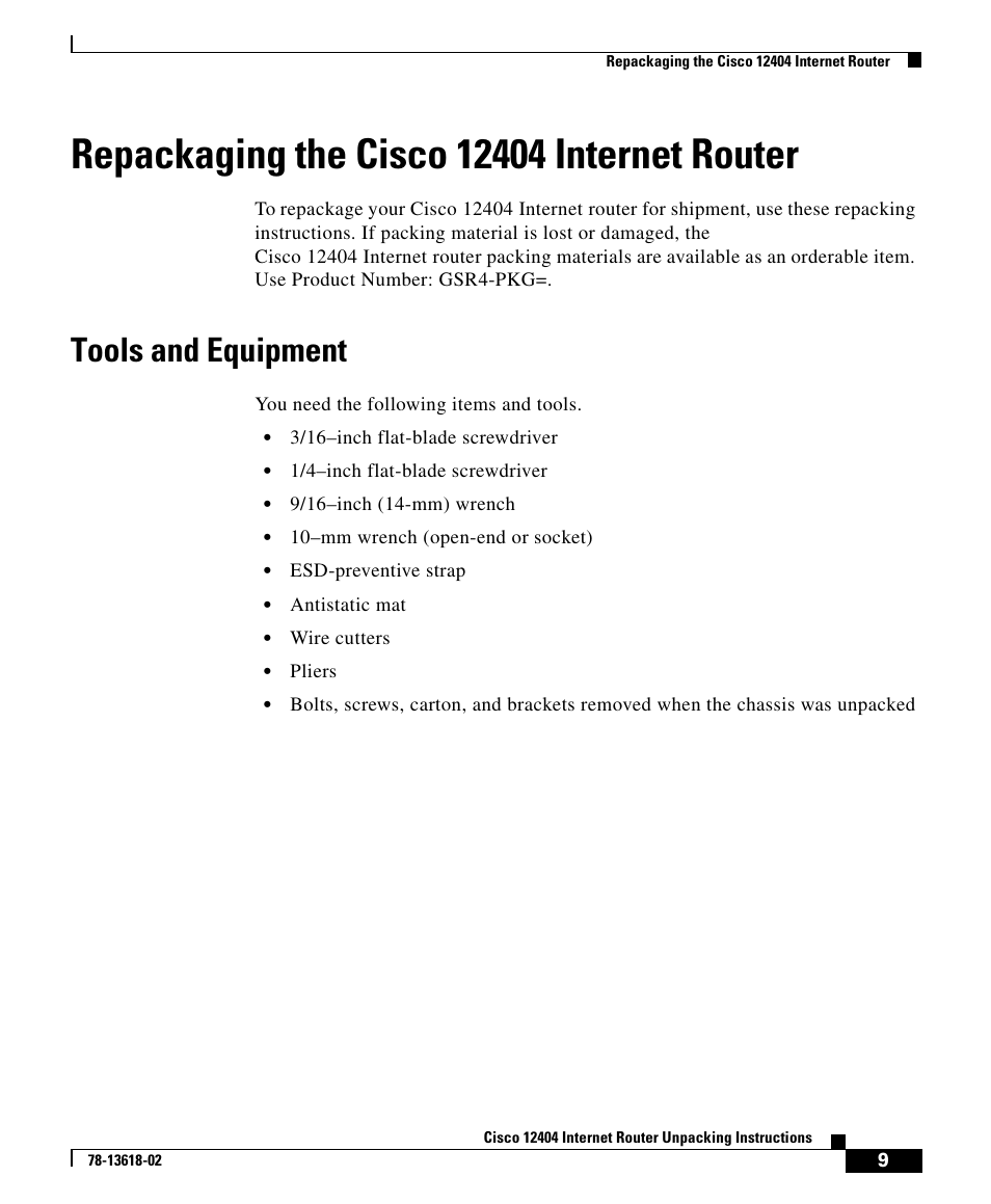 Repackaging the cisco 12404 internet router, Tools and equipment | Cisco 12404 User Manual | Page 9 / 18