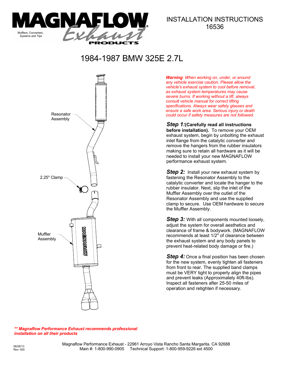 MagnaFlow BMW 325ES Stainless Cat-Back System PERFORMANCE EXHAUST User Manual | 1 page