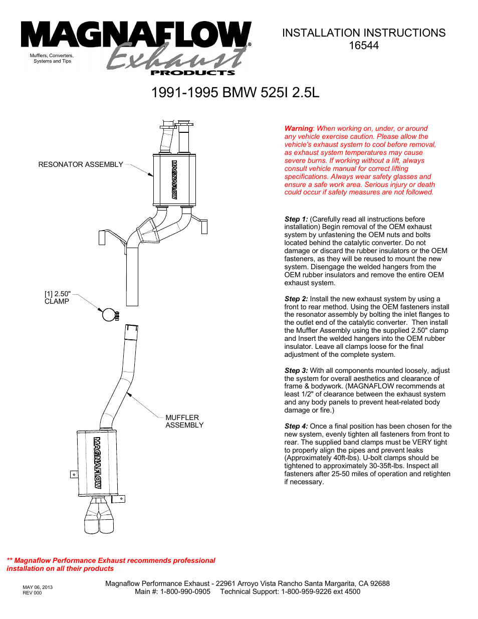 MagnaFlow BMW 525I Stainless Cat-Back System PERFORMANCE EXHAUST User Manual | 1 page