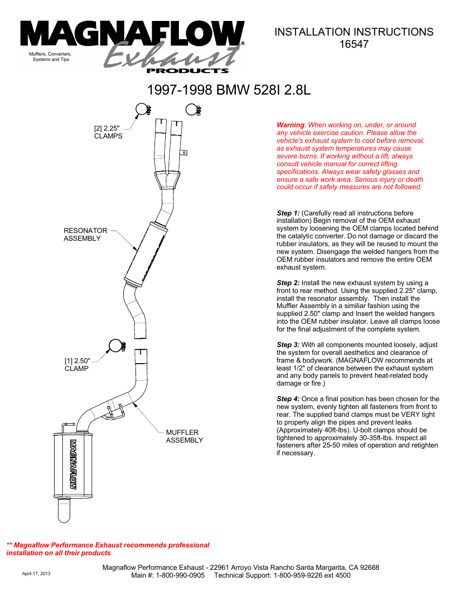 MagnaFlow BMW 528I Stainless Cat-Back System PERFORMANCE EXHAUST User Manual | 1 page