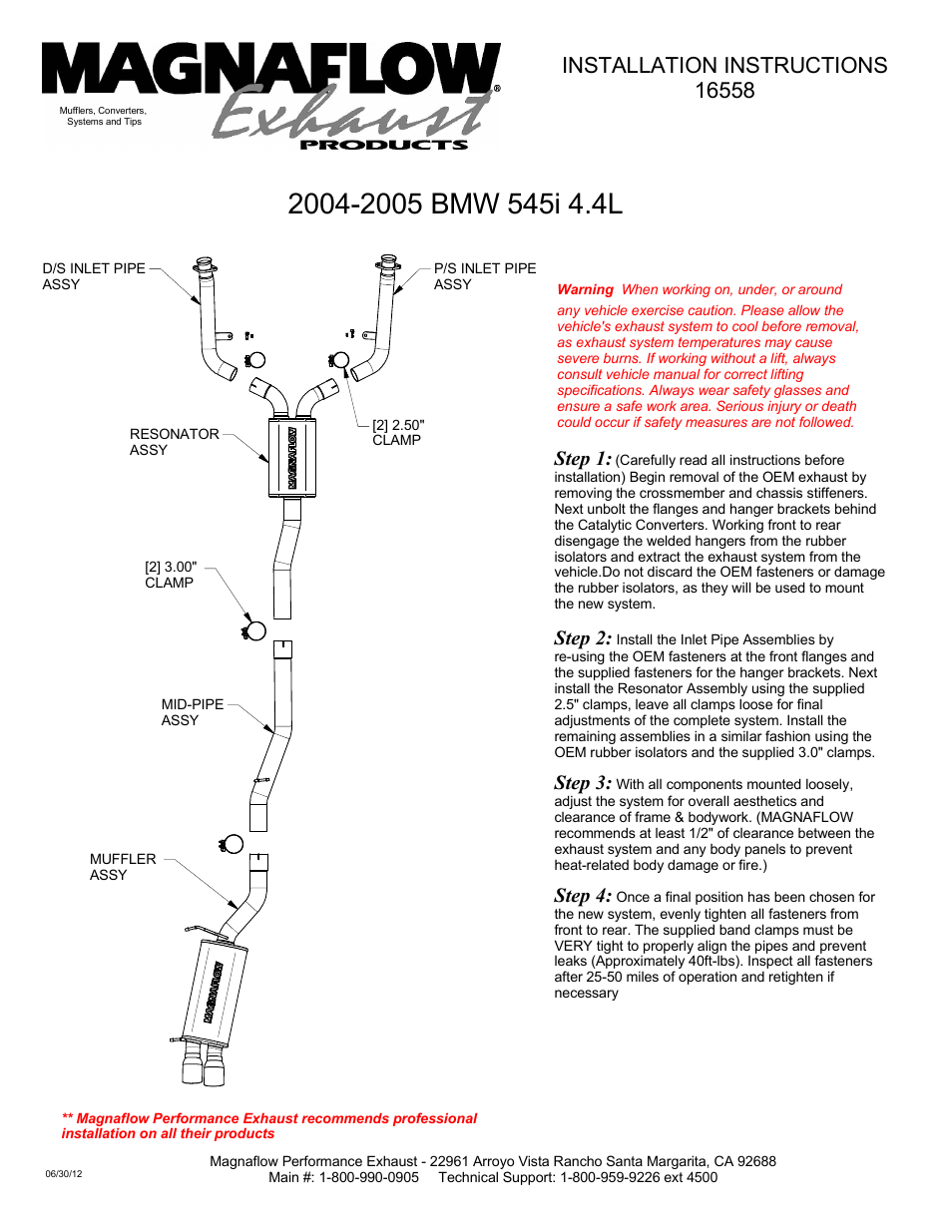 MagnaFlow BMW 545I Stainless Cat-Back System PERFORMANCE EXHAUST User Manual | 1 page