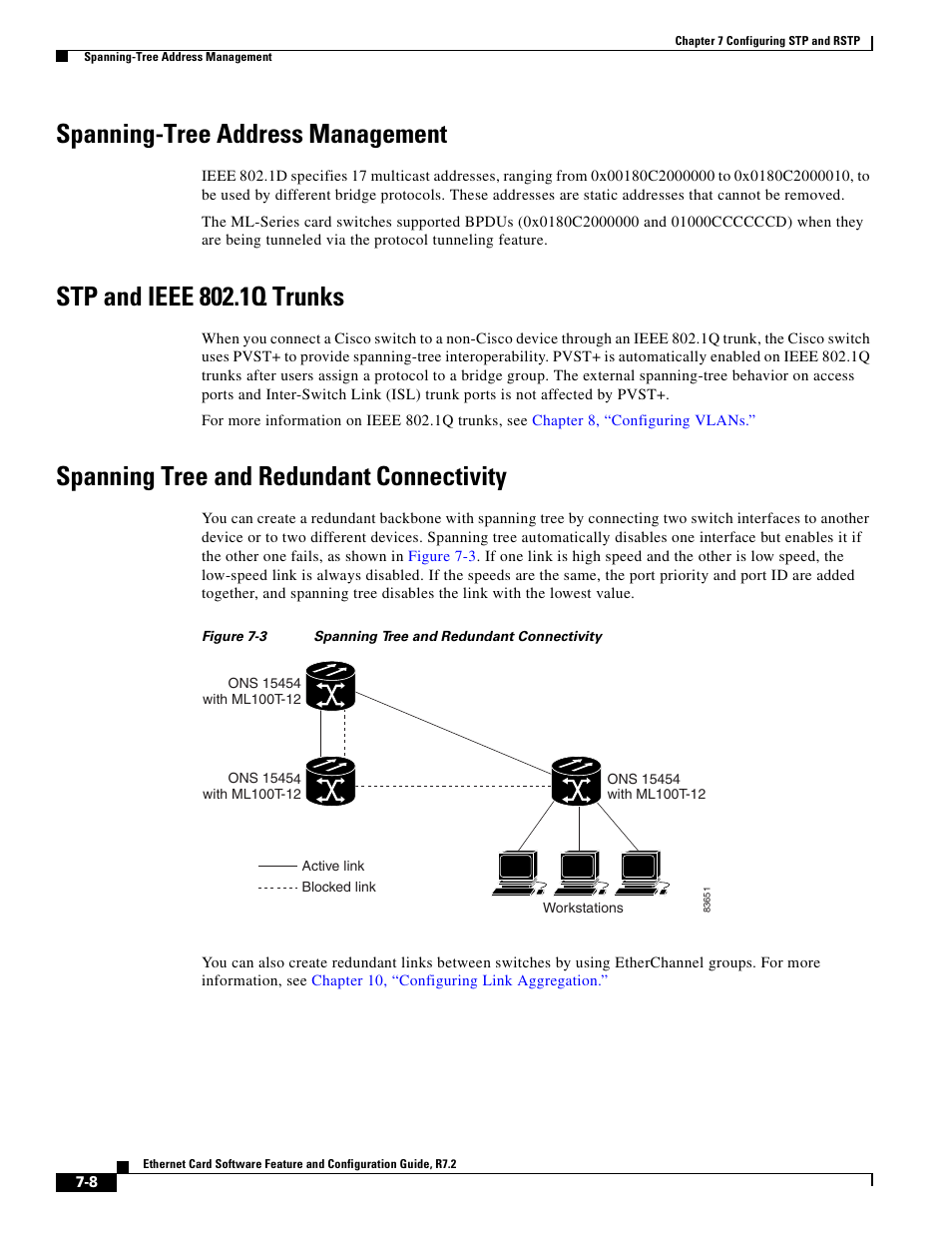 Spanning-tree address management, Stp and ieee 802.1q trunks, Spanning tree and redundant connectivity | Figure 7-3 | Cisco 15327 User Manual | Page 114 / 584