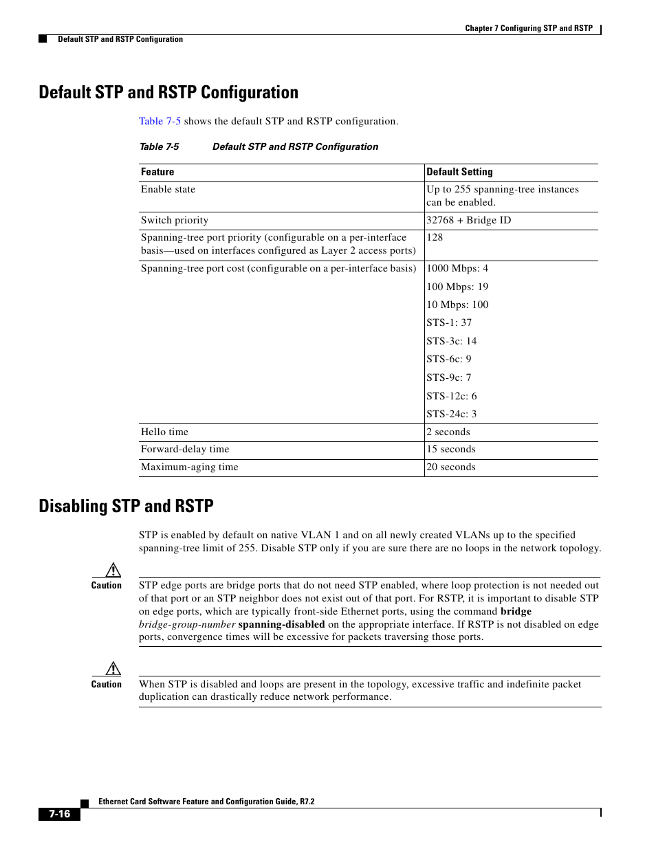 Default stp and rstp configuration, Disabling stp and rstp, Table 7-5 | Cisco 15327 User Manual | Page 122 / 584