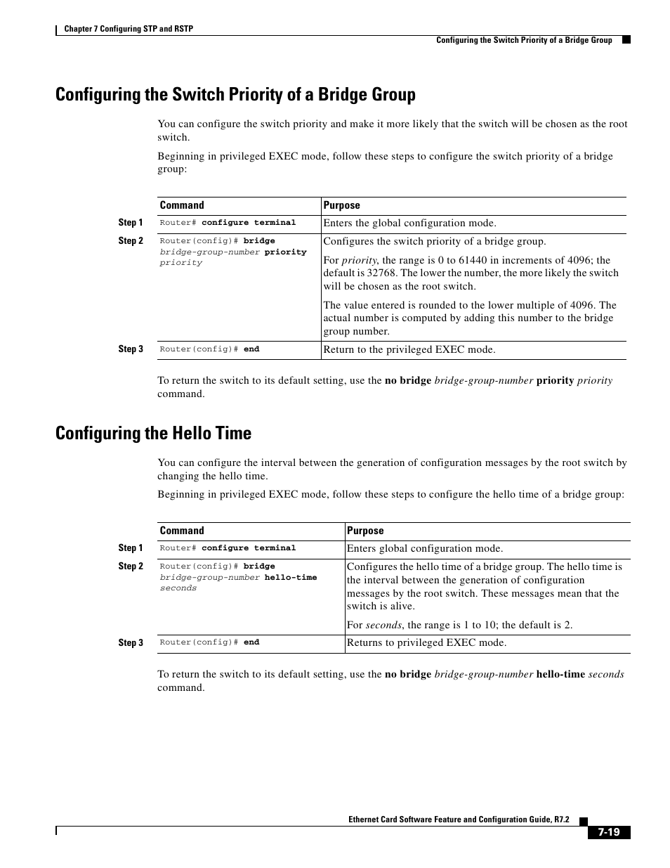 Configuring the switch priority of a bridge group, Configuring the hello time | Cisco 15327 User Manual | Page 125 / 584