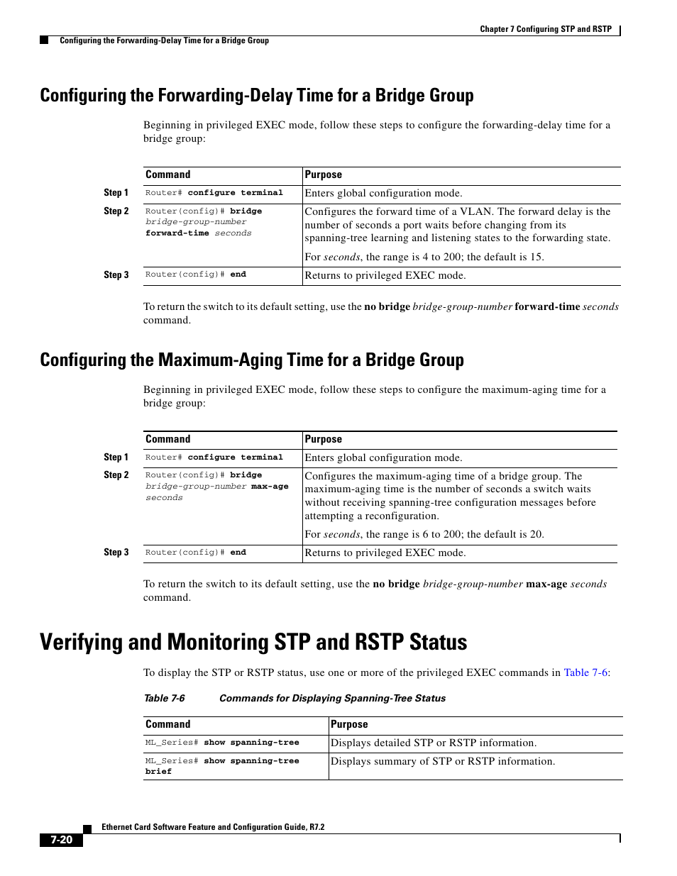 Verifying and monitoring stp and rstp status, Table 7-6 | Cisco 15327 User Manual | Page 126 / 584