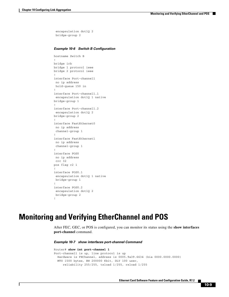 Monitoring and verifying etherchannel and pos, Example 10-6 | Cisco 15327 User Manual | Page 157 / 584