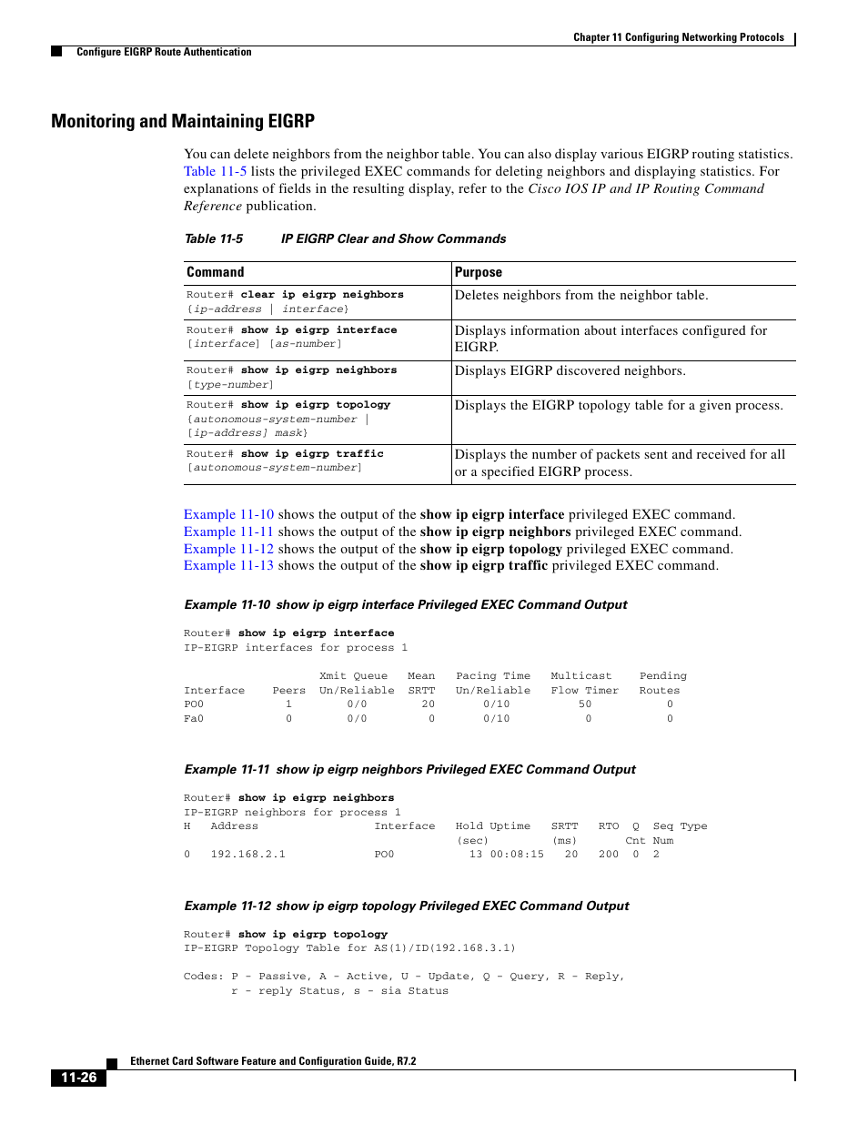 Monitoring and maintaining eigrp, Table 11-5 | Cisco 15327 User Manual | Page 184 / 584