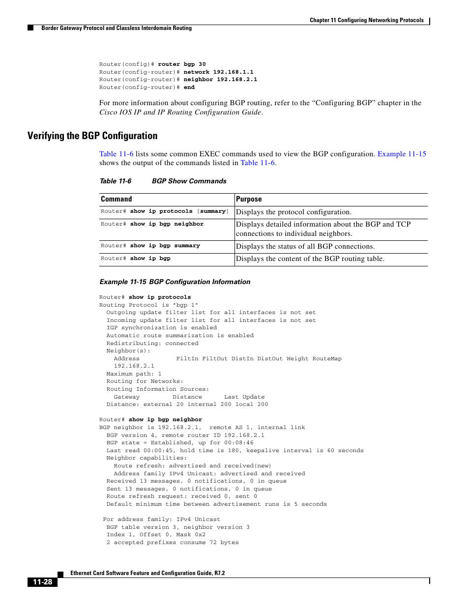 Verifying the bgp configuration, Table 11-6 | Cisco 15327 User Manual | Page 186 / 584