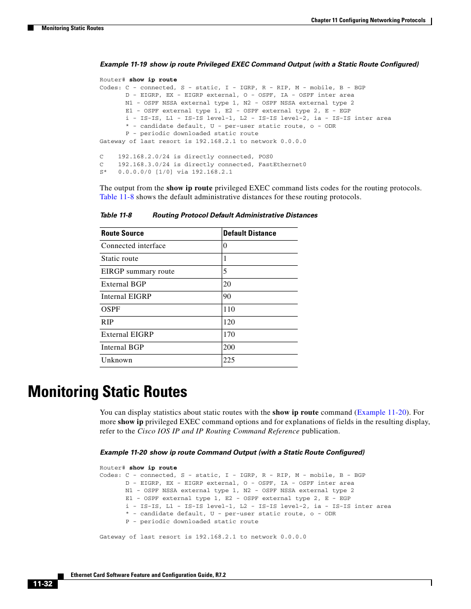 Monitoring static routes, Table 11-8 | Cisco 15327 User Manual | Page 190 / 584