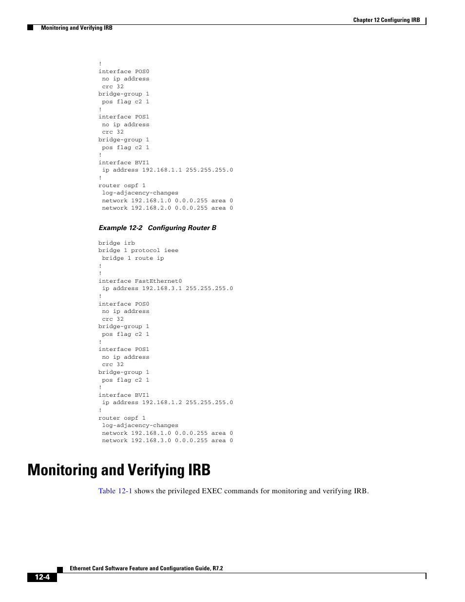 Monitoring and verifying irb, Example 12-2 | Cisco 15327 User Manual | Page 198 / 584