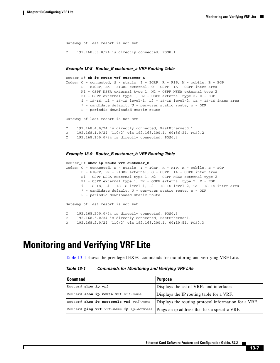 Monitoring and verifying vrf lite, Table 13-1 | Cisco 15327 User Manual | Page 207 / 584