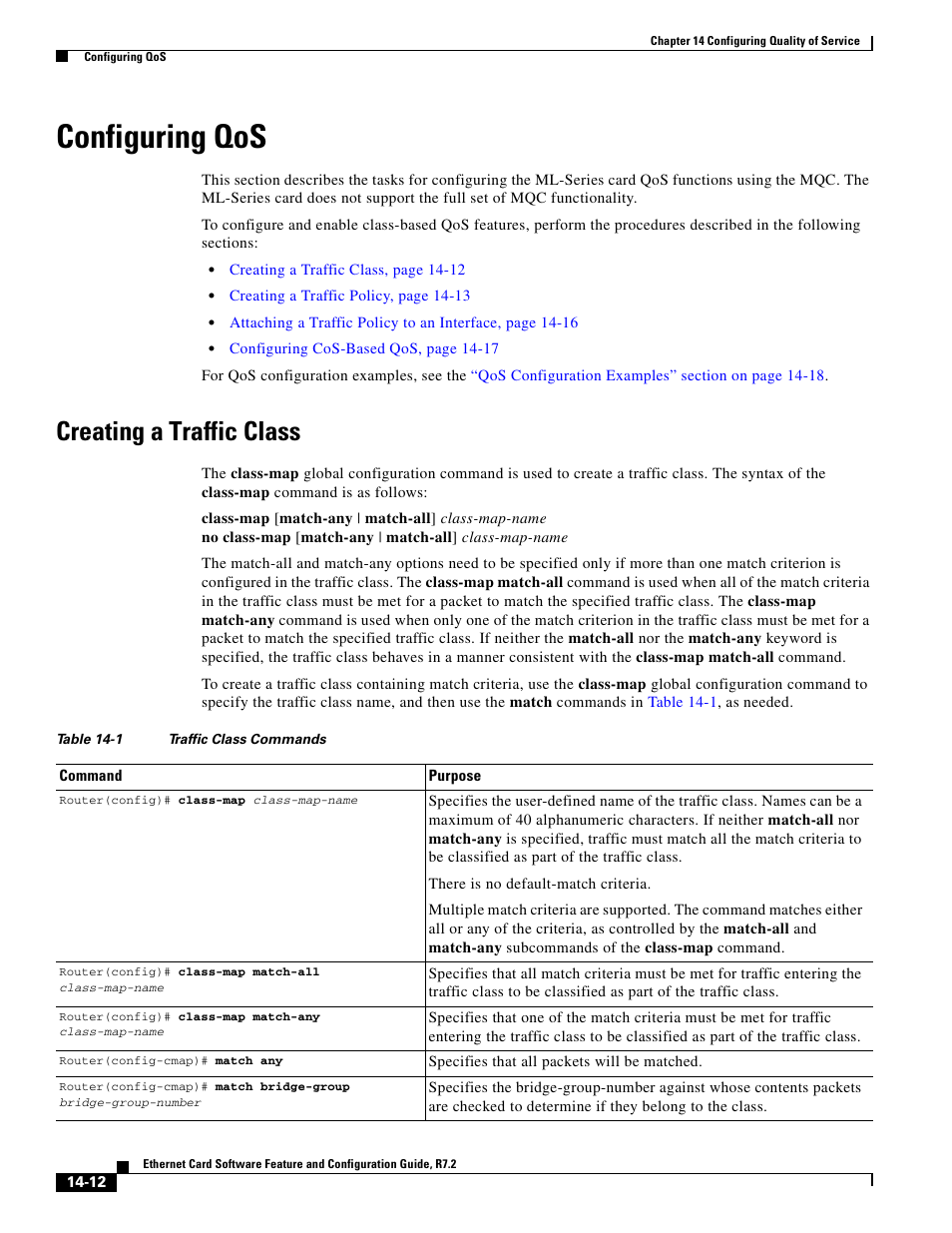 Configuring qos, Creating a traffic class, Table 14-1 | Cisco 15327 User Manual | Page 220 / 584