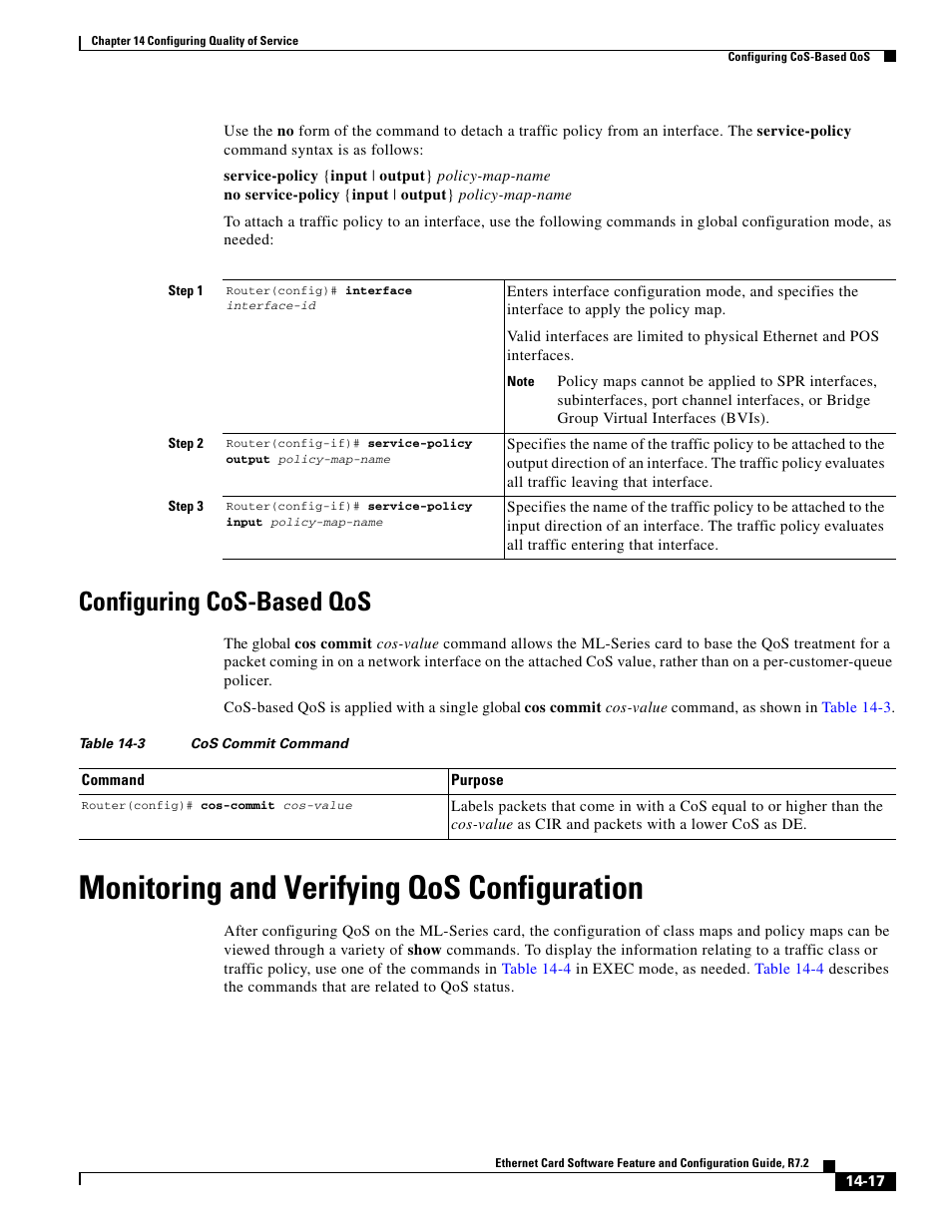 Configuring cos-based qos, Monitoring and verifying qos configuration, Table 14-3 | Cisco 15327 User Manual | Page 225 / 584