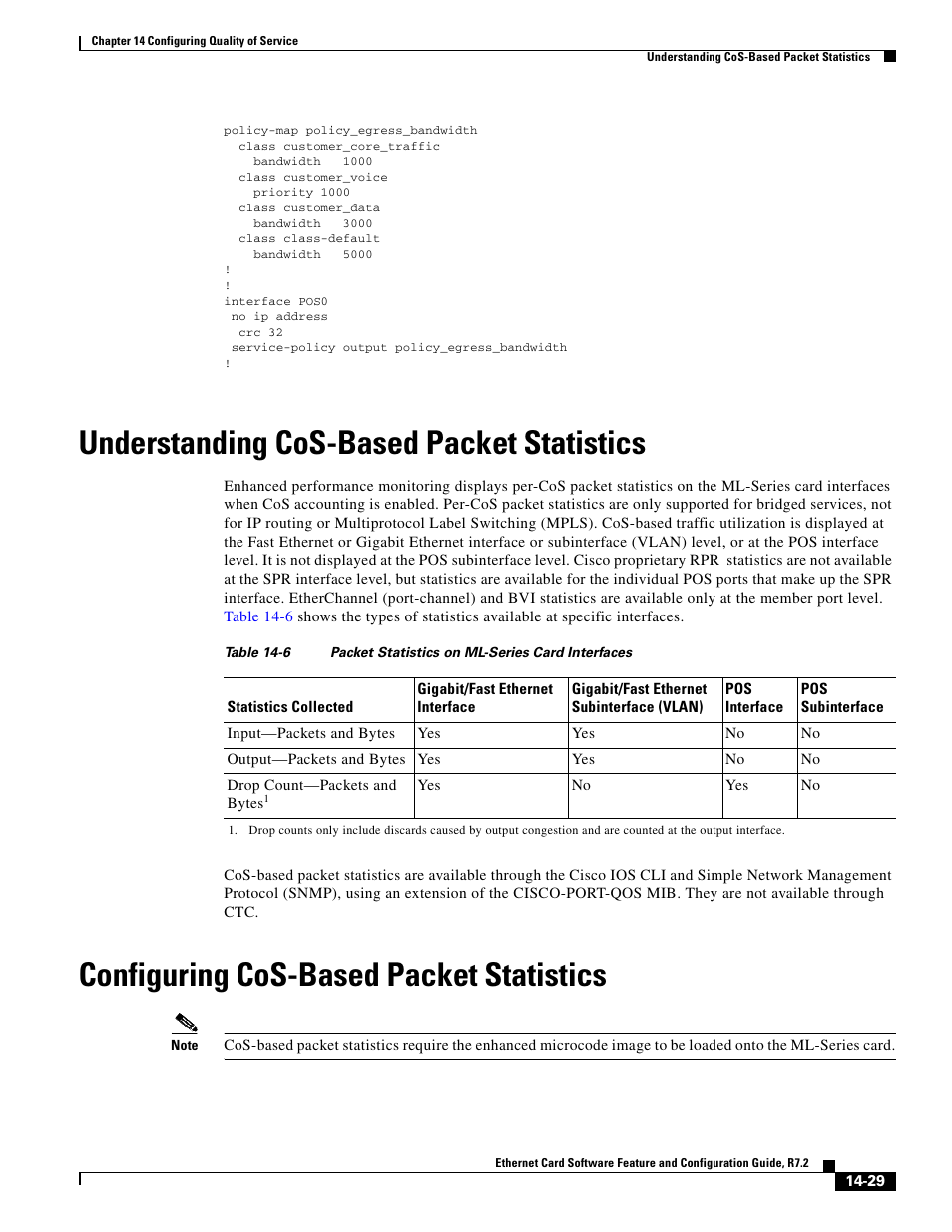 Understanding cos-based packet statistics, Configuring cos-based packet statistics, Table 14-6 | Cisco 15327 User Manual | Page 237 / 584