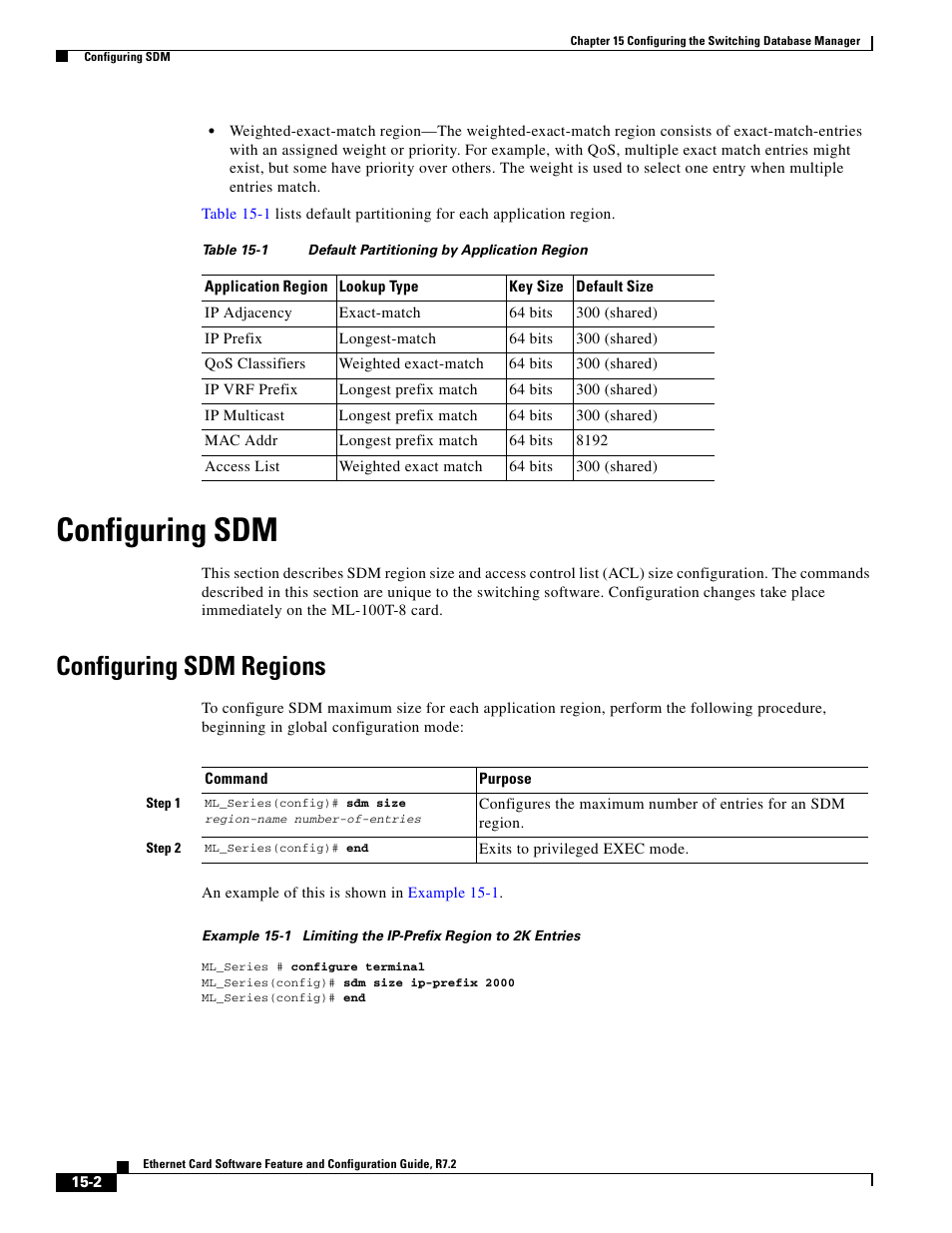 Configuring sdm, Configuring sdm regions, Table 15-1 | Cisco 15327 User Manual | Page 244 / 584