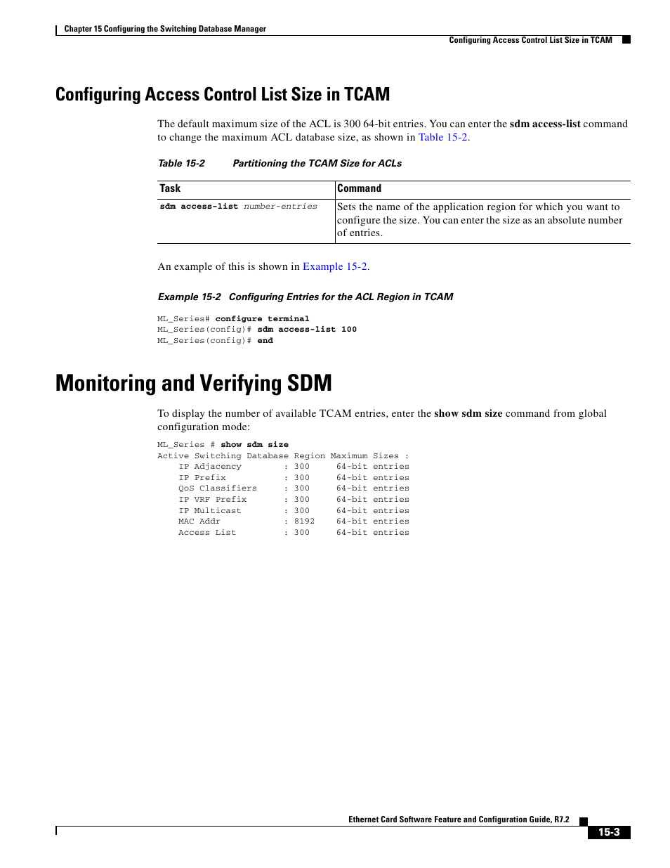 Configuring access control list size in tcam, Monitoring and verifying sdm, Table 15-2 | Cisco 15327 User Manual | Page 245 / 584