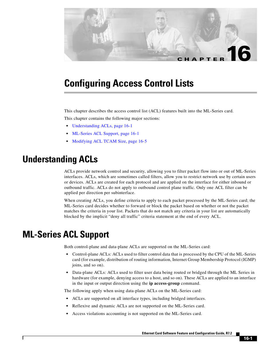 Configuring access control lists, Understanding acls, Ml-series acl support | C h a p t e r, Chapter 16, “configuring access control lists | Cisco 15327 User Manual | Page 247 / 584