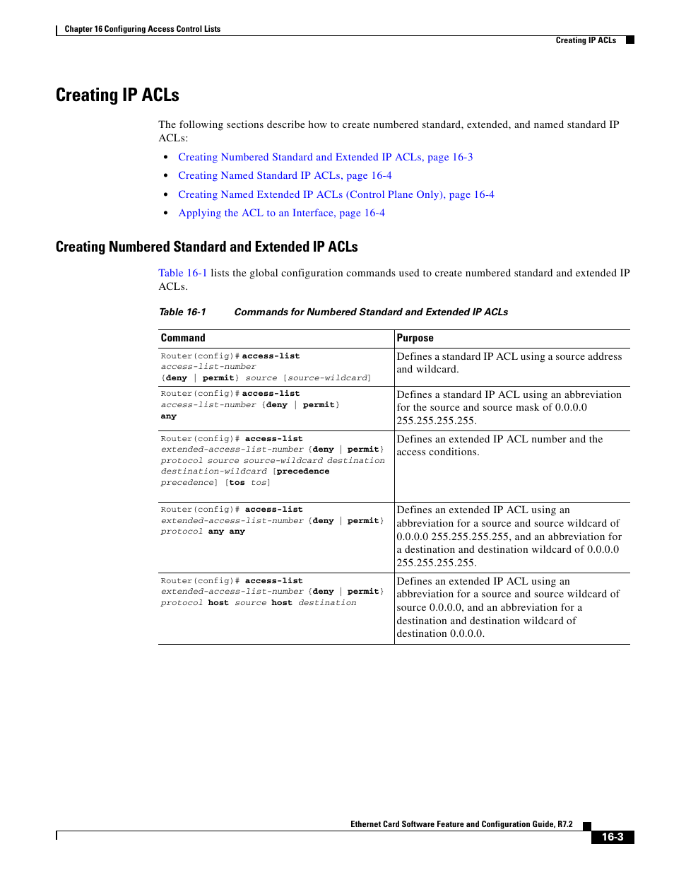 Creating ip acls, Creating numbered standard and extended ip acls, Table 16-1 | Creating numbered standard and extended | Cisco 15327 User Manual | Page 249 / 584