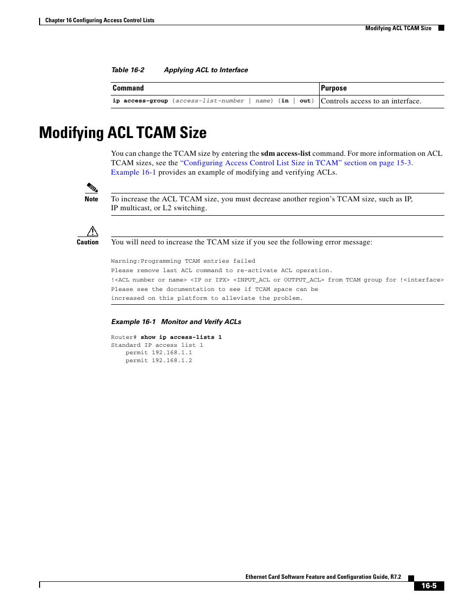 Modifying acl tcam size, Table 16-2 | Cisco 15327 User Manual | Page 251 / 584