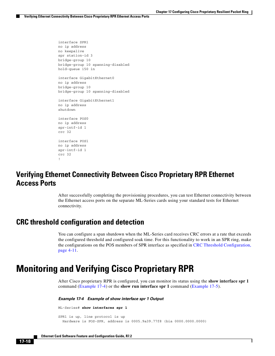 Crc threshold configuration and detection, Monitoring and verifying cisco proprietary rpr | Cisco 15327 User Manual | Page 270 / 584