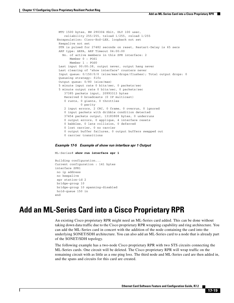 Add an ml-series card into a cisco proprietary rpr, Example 17-5 | Cisco 15327 User Manual | Page 271 / 584