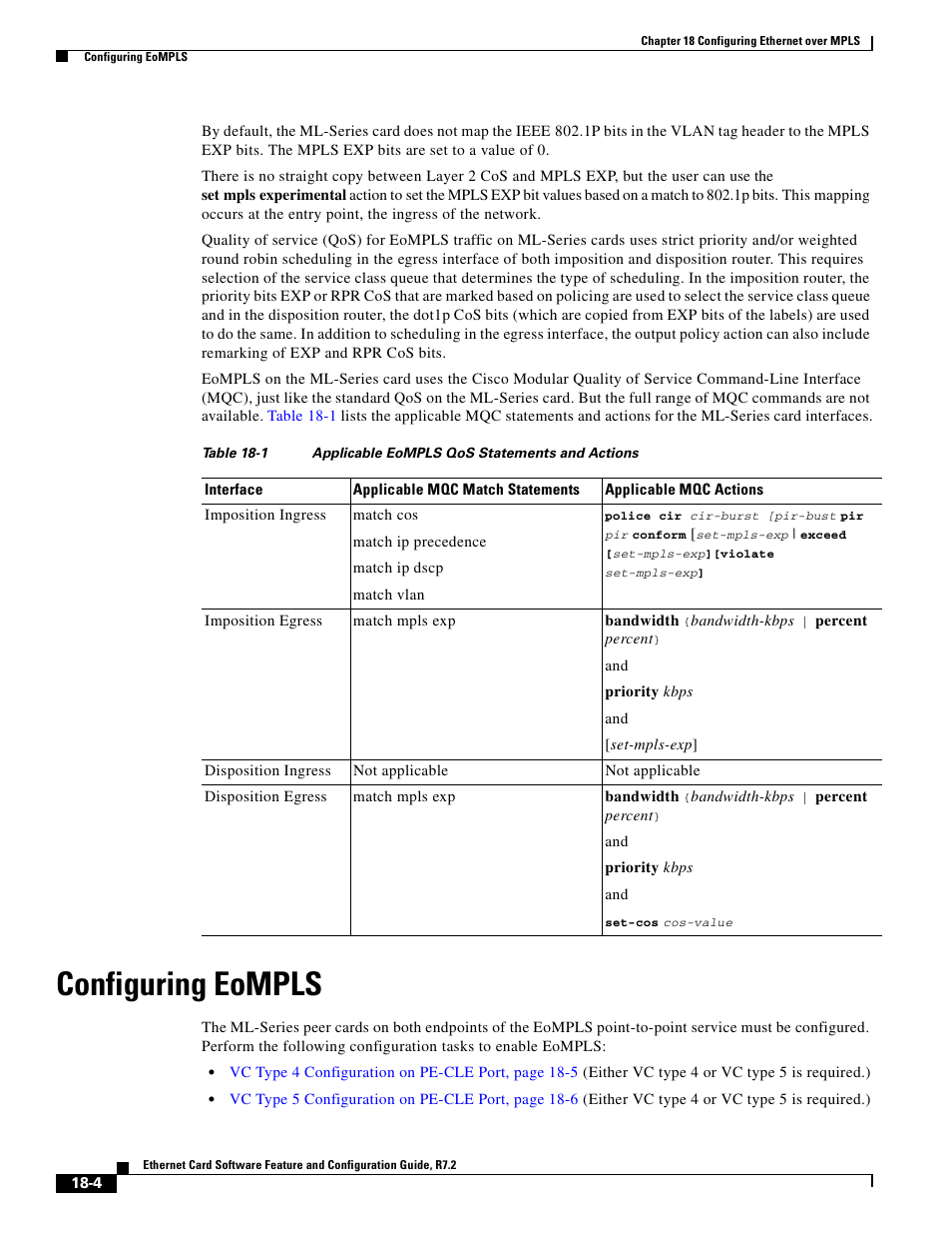 Configuring eompls, Table 18-1 | Cisco 15327 User Manual | Page 296 / 584