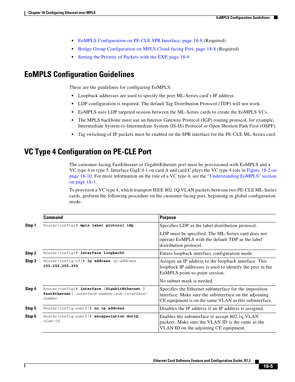 Eompls configuration guidelines, Vc type 4 configuration on pe-cle port | Cisco 15327 User Manual | Page 297 / 584