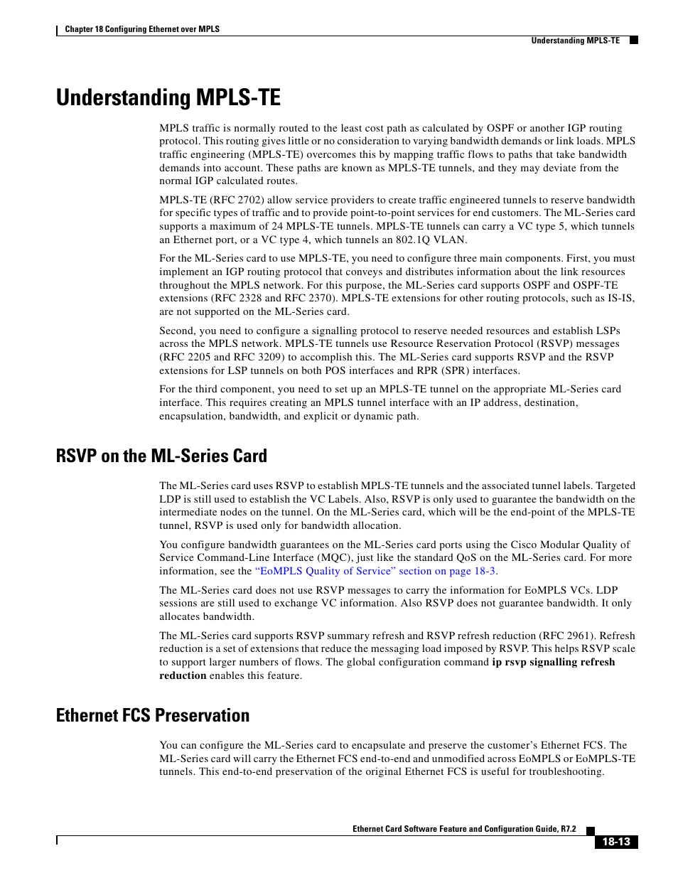 Understanding mpls-te, Rsvp on the ml-series card, Ethernet fcs preservation | Cisco 15327 User Manual | Page 305 / 584